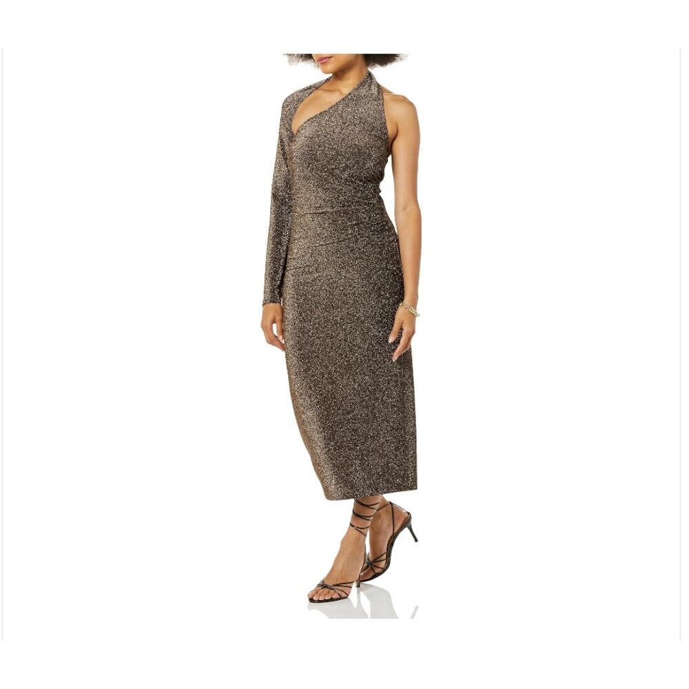 Terea by Andrea Pitter Metallic One Shoulder Midi Dress Size Small Cocktail Chic